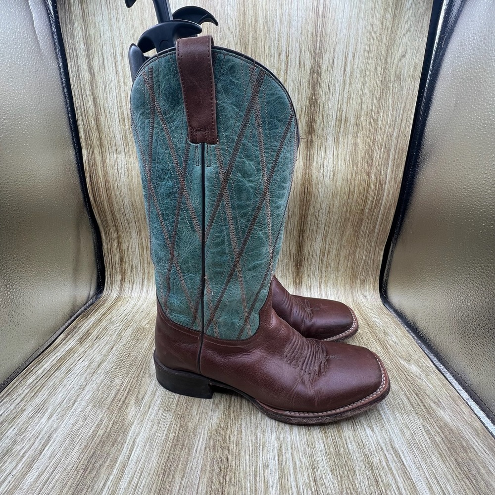 Roper Cowboy Boots Men's Size 10 D Brown Teal Square Toe Leather Handmade 4276